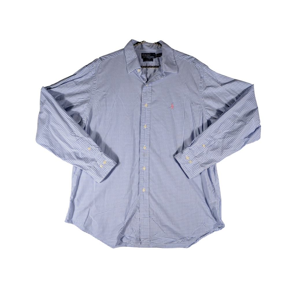 Polo Ralph Lauren Men's XL 17.5 Gingham Button Down Shirt Blue White Classic Fit